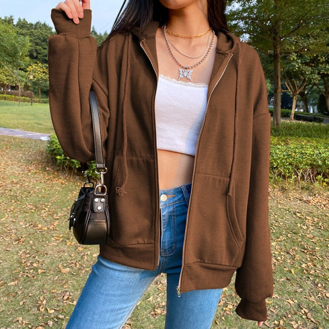 Women Korean Style Hoodies Zip-up Harajuku Oversized Solid Pocket Hooded Sweatshirts Autumn Long Sleeve Loose Baseball Jacket