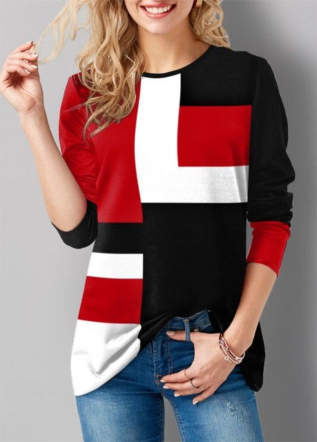 Lovwvol Color Contrast Women T Shirt Fashion Aesthetic Design Spring Autumn New Cotton Polyester O-neck Long Sleeve Street Hipster Tops