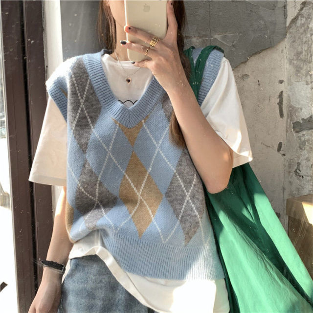 Sweater Vests Women Vintage Plus Size S-3XL Autumn V-neck Panelled Sleeveless Jumpers Knitwear Female Warm College Preppy