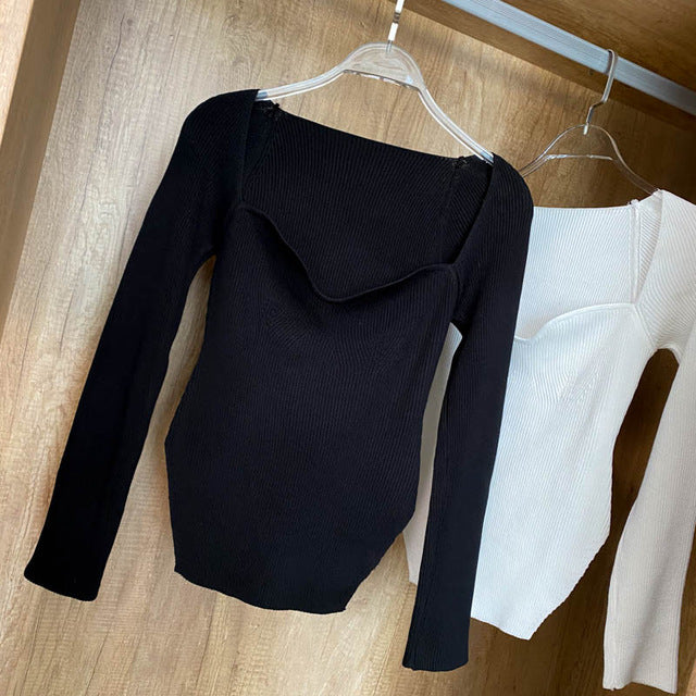 Lovwvol Square Collar Long Sleeve Woman Sweaters Knitted Pullover Women Spring Autumn Sweater Winter Tops For Women Black White Jumper Spring Outfits Trends