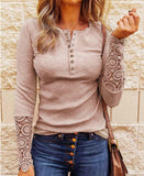 Lovwvol Lace Splicing Top Long Sleeve T Shirt Woman Button Slim Tops Tee Autumn Spring Patchwork Sleeve T-shirt Women Sexy Streetwear