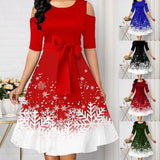 Lovwvol Christmas Party Dress Red Dress Women New Belted Snowflake Print Cold Shoulder Round Neck Dress Plus Size Fashion Ladies