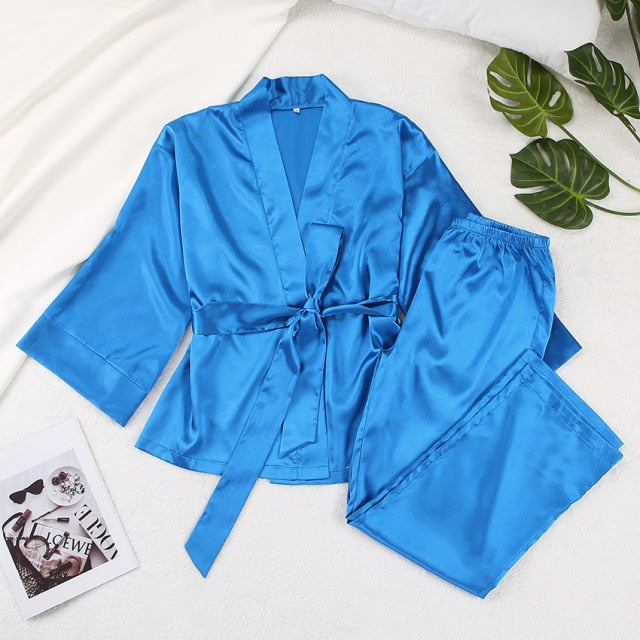 Solid Color Sleepwear Loose Flare Home Pants Three Quarter Sleeve Satin Robe Sets Bathrobe For Women Pajama Fashion Spring