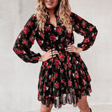 Lovwvol Hnewly Ladies V Neck Floral Dress Spring Flower Print Long Sleeve Lace-Up Ruffle Dress Chiffon Women Elegant A-Line Party Vestidos Spring Outfits Trends